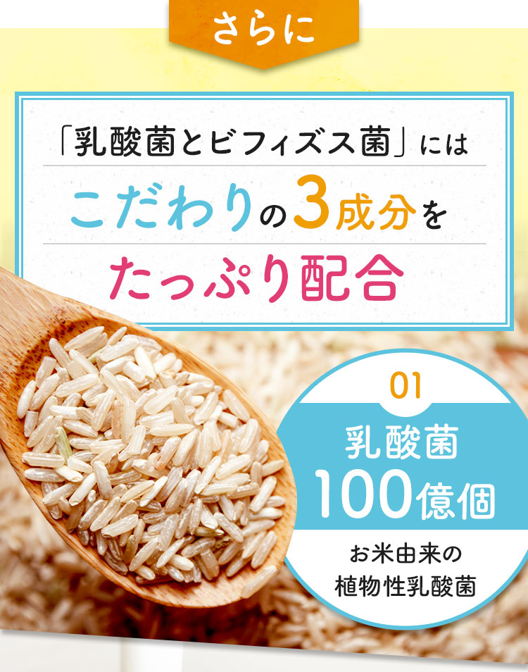 「乳酸菌とビフィズス菌」にはこだわりの3成分をたっぷり配合