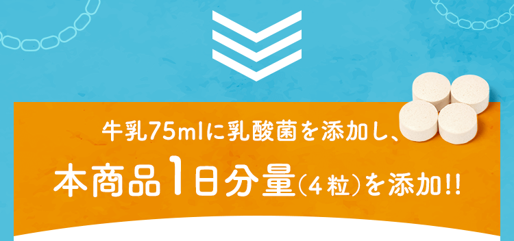 牛乳75mlんに乳酸菌を添加し、本商品1日分量（4粒）を添加